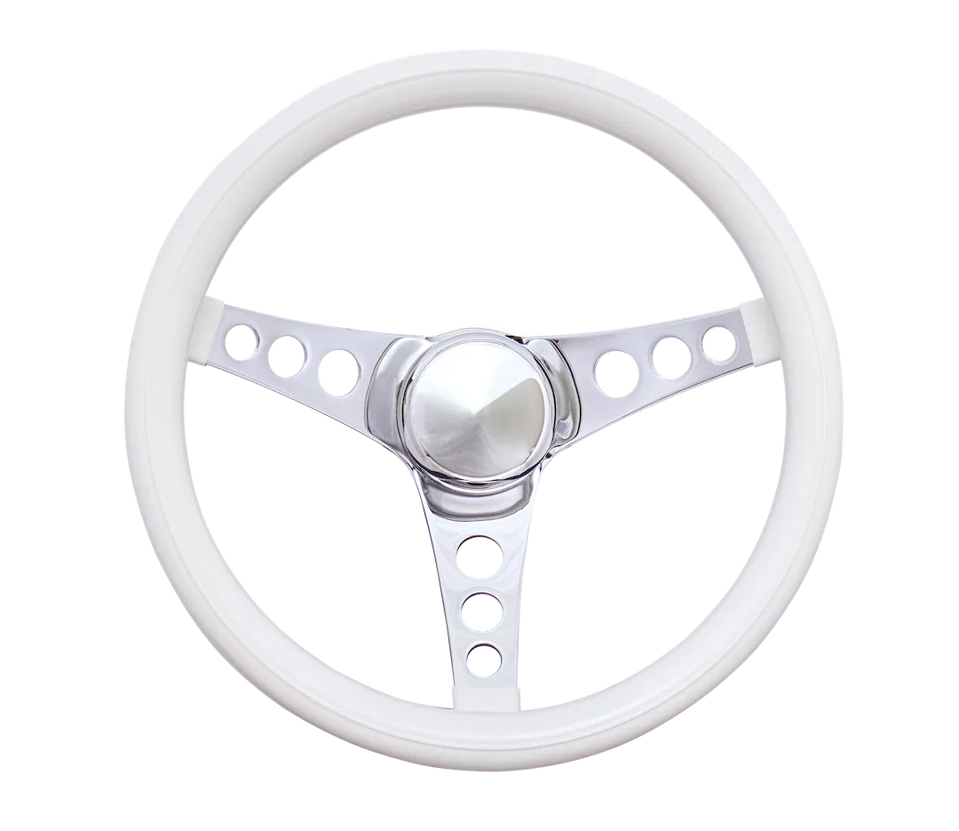 831W – GRANT Steering Wheel, 13-1/2 Inch Diameter 3 Spoke White Cushion Grip Chrome Plated Steel Spoke With Horn Butt...